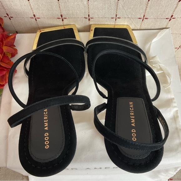 Good American Suede Strappy Heels Gold Square Toe Sz 11.5 Black Leather New - Picture 5 of 6